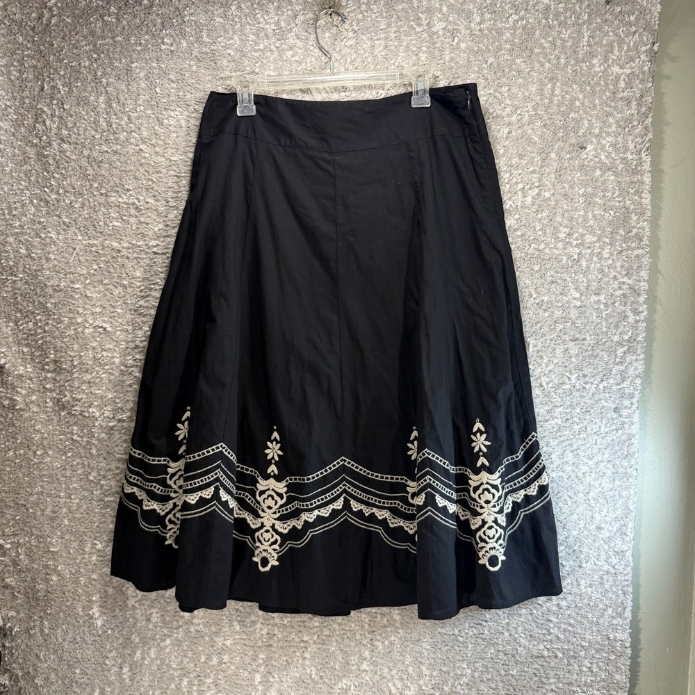 CHARTER CLUB Fit & Flare Embroidered Midi Skirt Black Bohemian Preppy 12 Lined